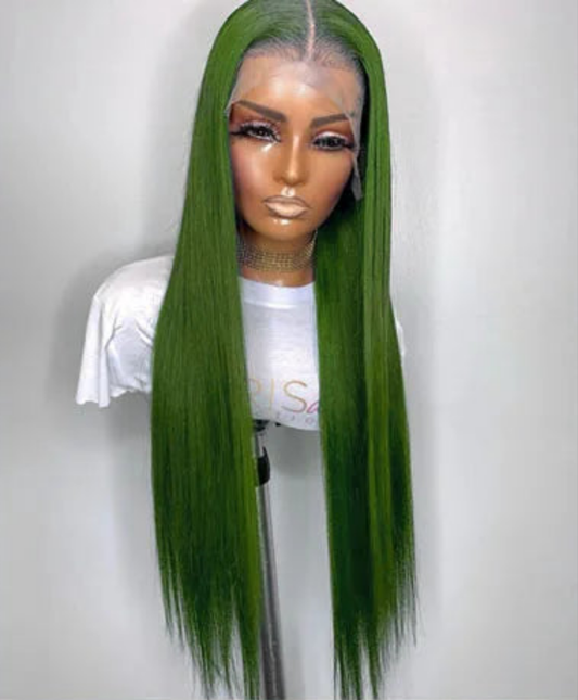 Tea Green Color Straight Peruvian Hair Wig with Middle Part Human Hair Closure Wig with Baby Hair