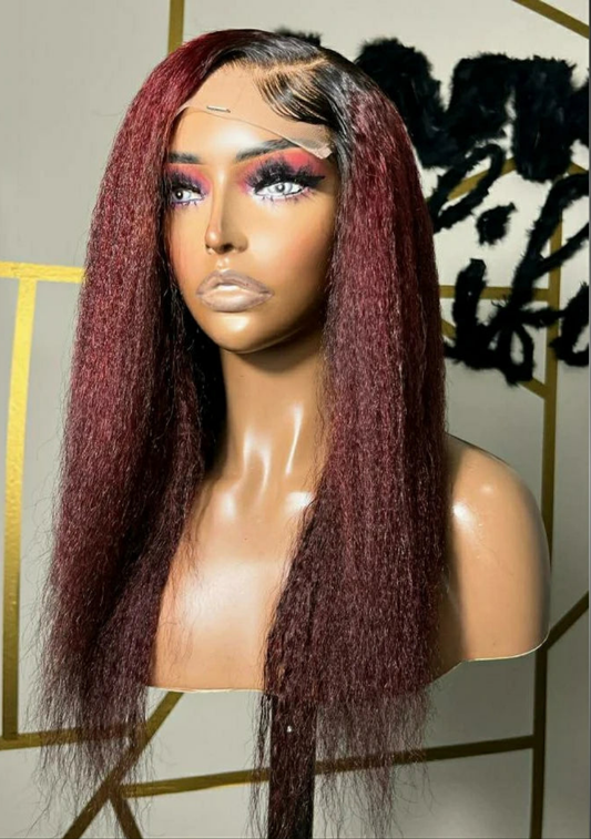 Dark Root Burgundy Red Brazilian Remy Yaki Straight Lace Frontal Human Hair  PrePlucked Kinky Straight Wig