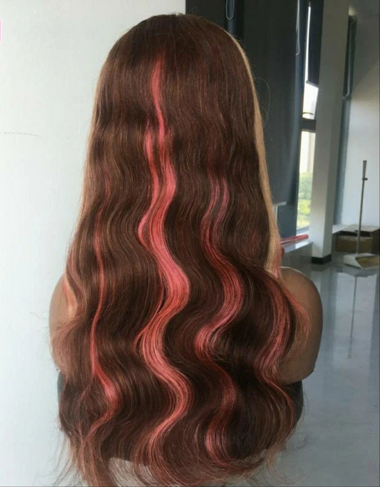 Pink Brown Neapolitan Colored Body Wave Transparent Lace Front Wig  PrePlucked With Baby Hair