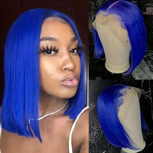 Blue Bob Wig Human Hair 13x4 Transparent Lace Frontal Straight Bob Cut Wigs Pre Plucked 200% Density Vietnamese Double Drawn Wig