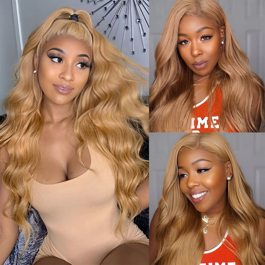 Honey Blonde Body Wave Lace Front Human Hair Wig Preplucked Transparent Color Lace Frontal