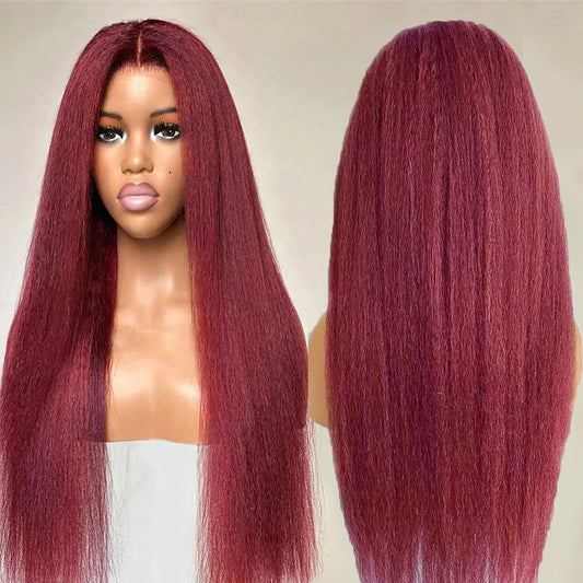 99J Burgundy Wig Yaki Straight Human Hair Wig Glueless  250%