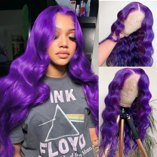 Ombre Violet Purple Colored Body Wave Human Hair Lace Frontal Wigs Glueless 13x4 Transparent Lace Front Wig PrePlucked for Women