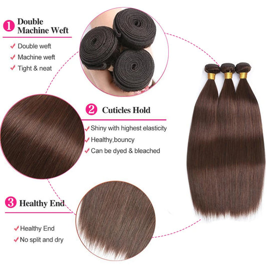 #4 Chocolate Brown Straight Human Hair Bundles With 13x4 Lace Frontal