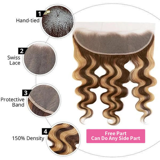 Honey Blonde Highlight Body Wave Human Hair Bundles with 13x4 Lace Frontal